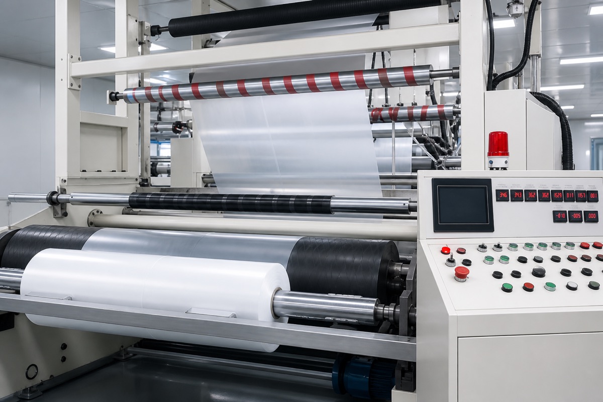 Close-up of PE film production line with winding rollers and machine control panel